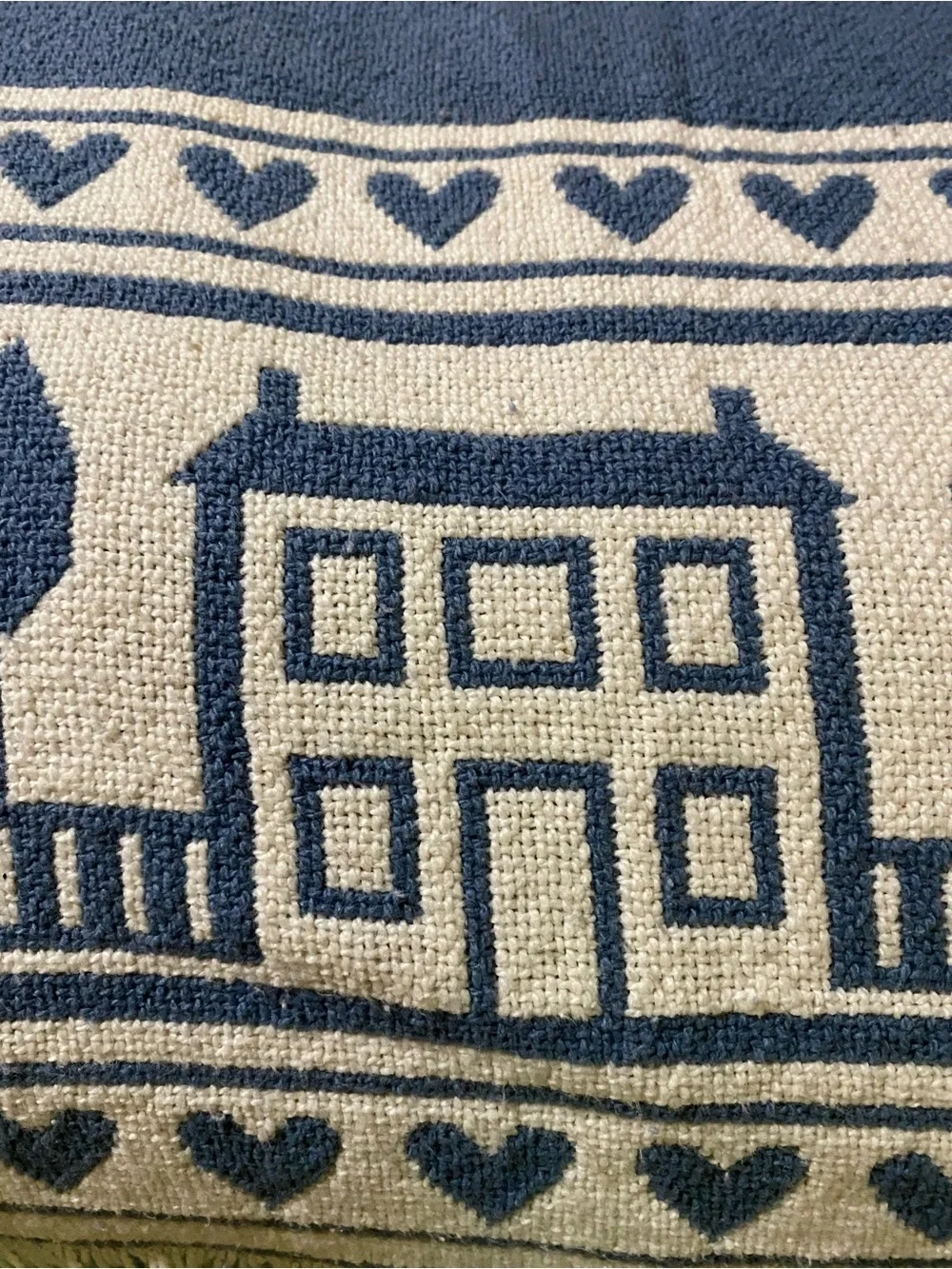 Source Unknown Blue and White Heart Motif Tapestry Vintage dated 1989